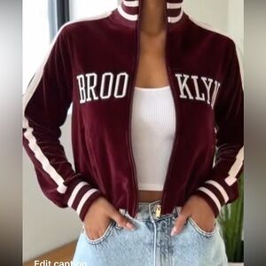 Women's Maroon Velour Cropped Jacket with White Stripes, BROOKLYN Lettering